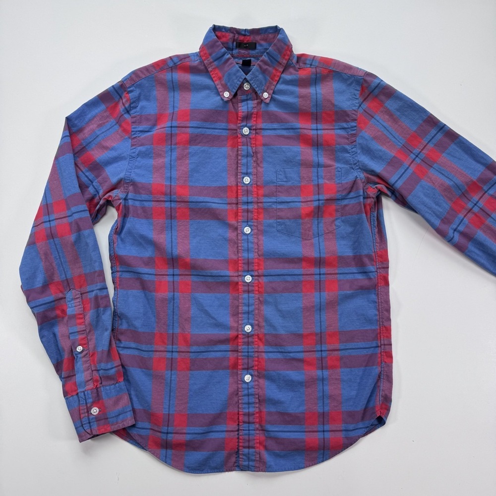 J CREW Long Sleeve Button Down Slim Plaid Shirt Mens Small Red Blue Cotton‎